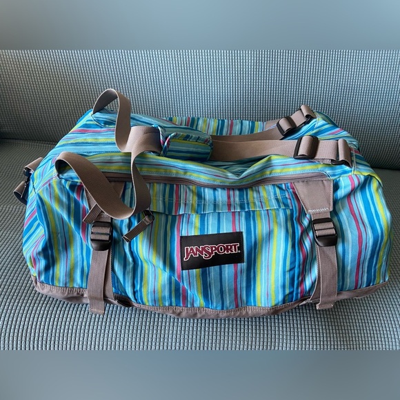 Jansport Handbags - JanSport Striped Aqua Blue XL Weekender Holdall Duffel Bag with Shoulder Strap
